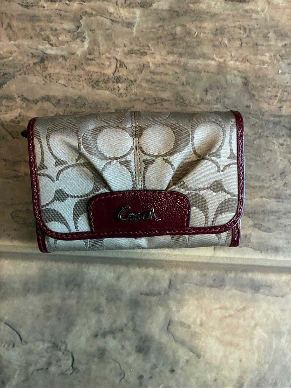 Coach Beige Signature Canvas with Burgundy Trim Card Holder